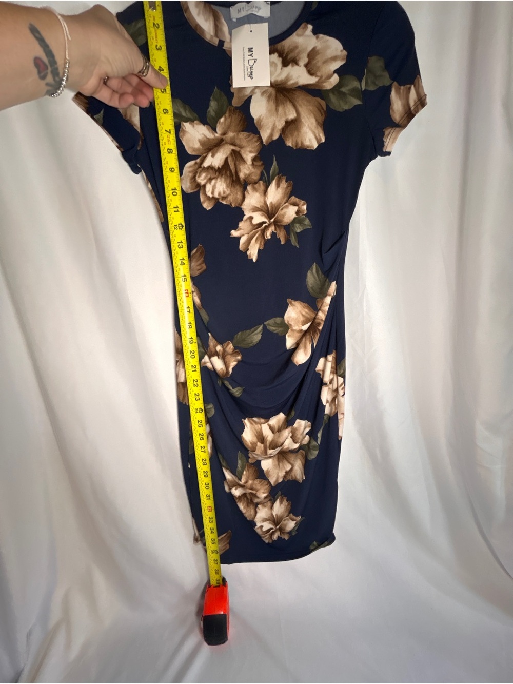 My Bump Maternity Floral Ruched Dress Size Small Navy Blue Short Sleeve NWT - Picture 7 of 10